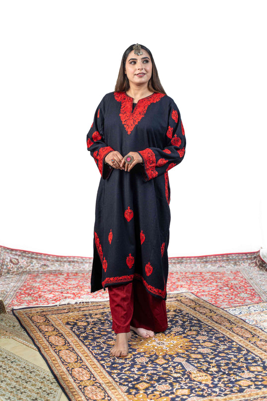 Kashmiri Red Aari Work Phiran - Black - Kashmir Jama