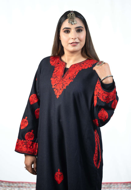 Kashmiri Red Aari Work Phiran - Black - Kashmir Jama