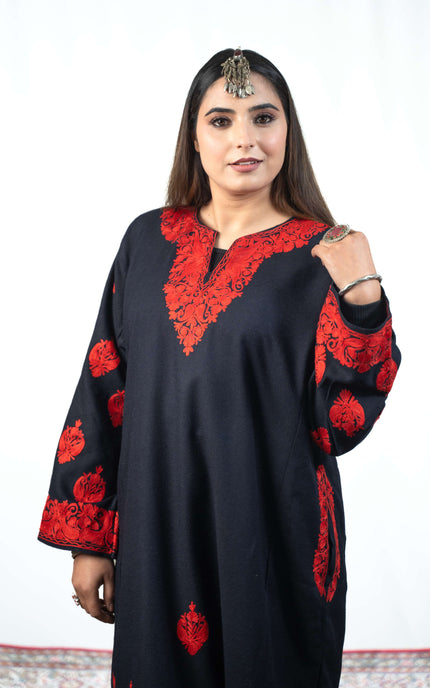Kashmiri Red Aari Work Phiran - Black - Kashmir Jama