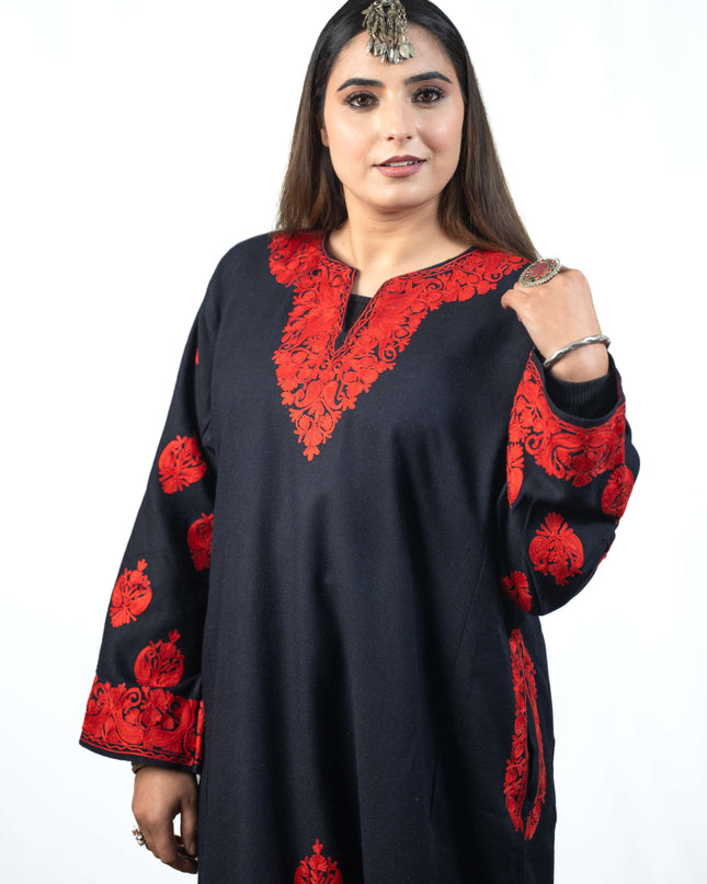 Kashmiri Red Aari Work Phiran - Black - Kashmir Jama