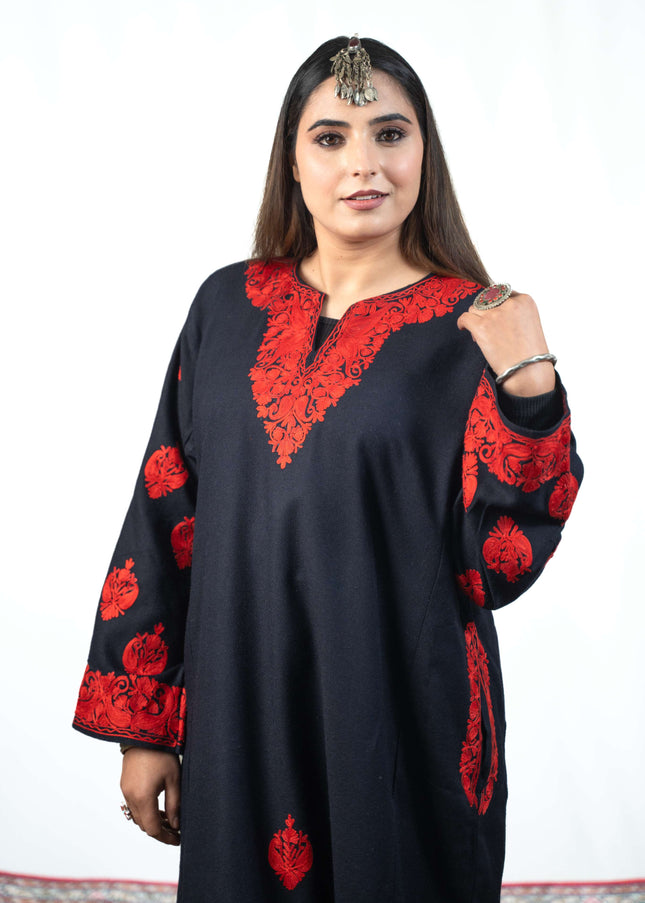 Kashmiri Red Aari Work Phiran - Black - Kashmir Jama
