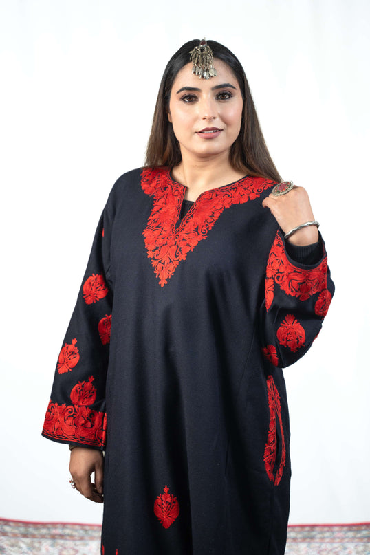Kashmiri Red Aari Work Phiran - Black - Kashmir Jama