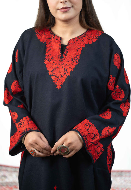 Kashmiri Red Aari Work Phiran - Black - Kashmir Jama