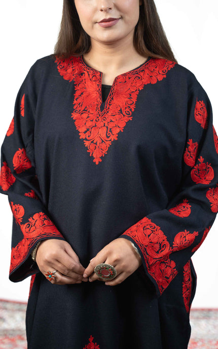 Kashmiri Red Aari Work Phiran - Black - Kashmir Jama