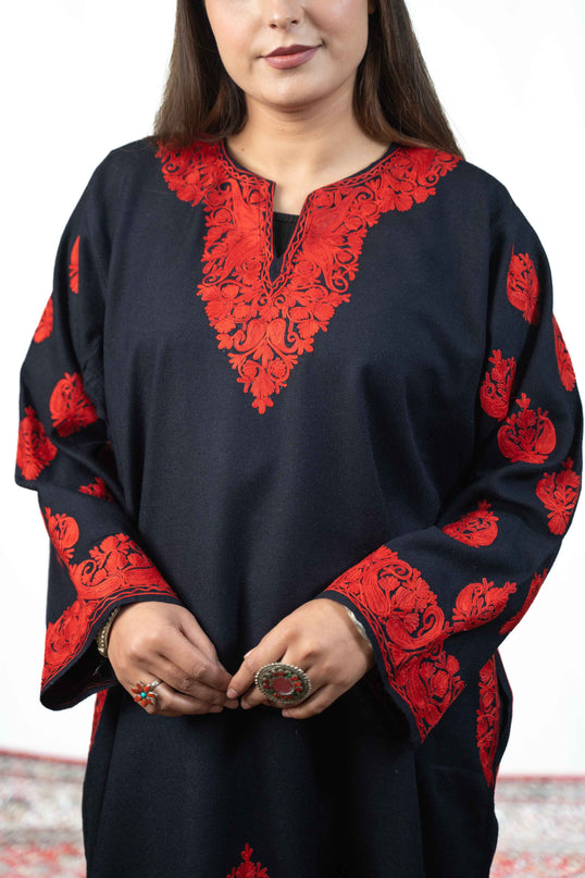 Kashmiri Red Aari Work Phiran - Black - Kashmir Jama
