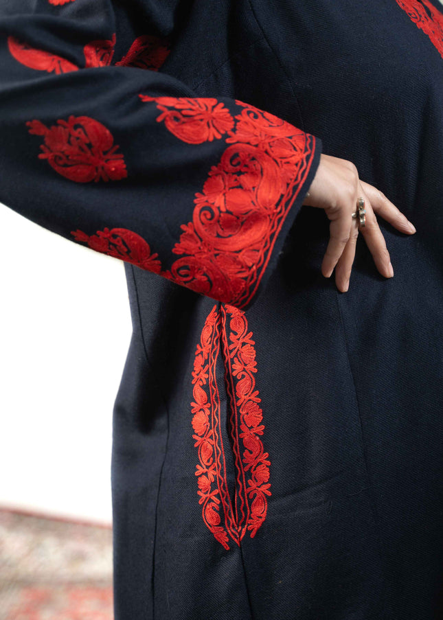 Kashmiri Red Aari Work Phiran - Black - Kashmir Jama