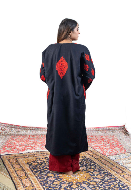 Kashmiri Red Aari Work Phiran - Black - Kashmir Jama