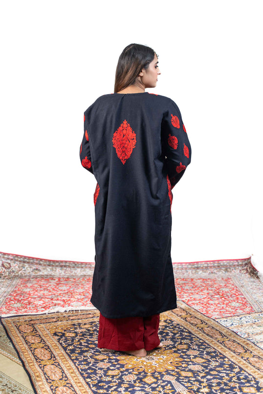 Kashmiri Red Aari Work Phiran - Black - Kashmir Jama