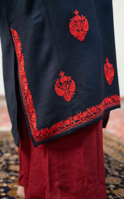 Kashmiri Red Aari Work Phiran - Black - Kashmir Jama