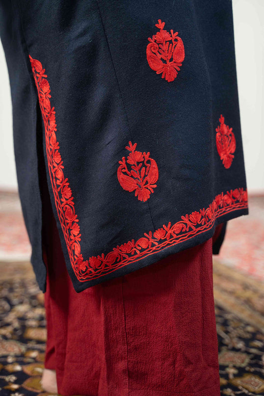 Kashmiri Red Aari Work Phiran - Black - Kashmir Jama