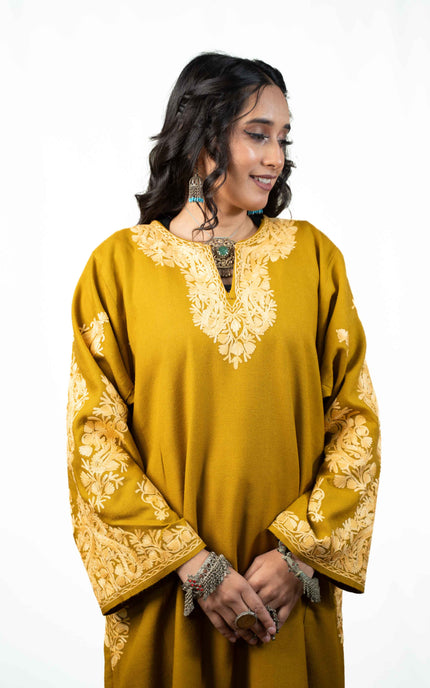 Kashmiri Aari Work Phiran - Mustard - Kashmir Jama