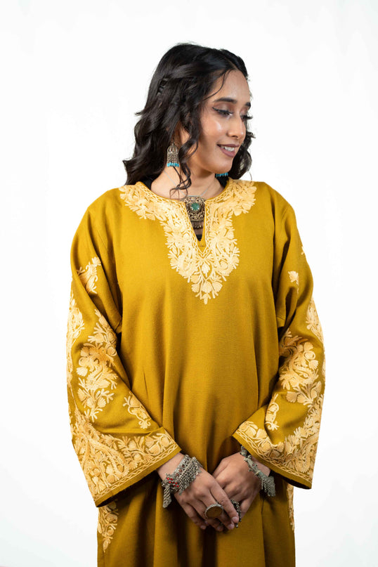 Kashmiri Aari Work Phiran - Mustard - Kashmir Jama
