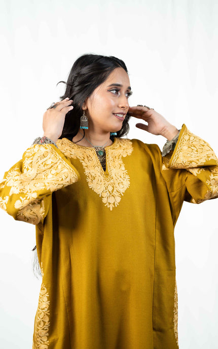 Kashmiri Aari Work Phiran - Mustard - Kashmir Jama