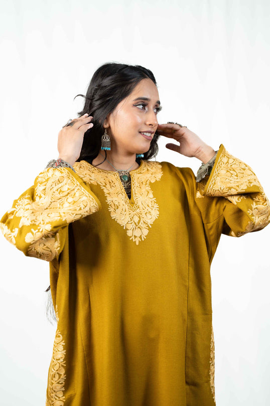 Kashmiri Aari Work Phiran - Mustard - Kashmir Jama