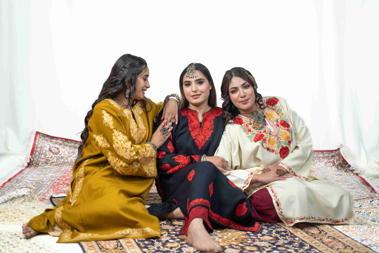 Kashmiri Aari Work Phiran - Mustard - Kashmir Jama