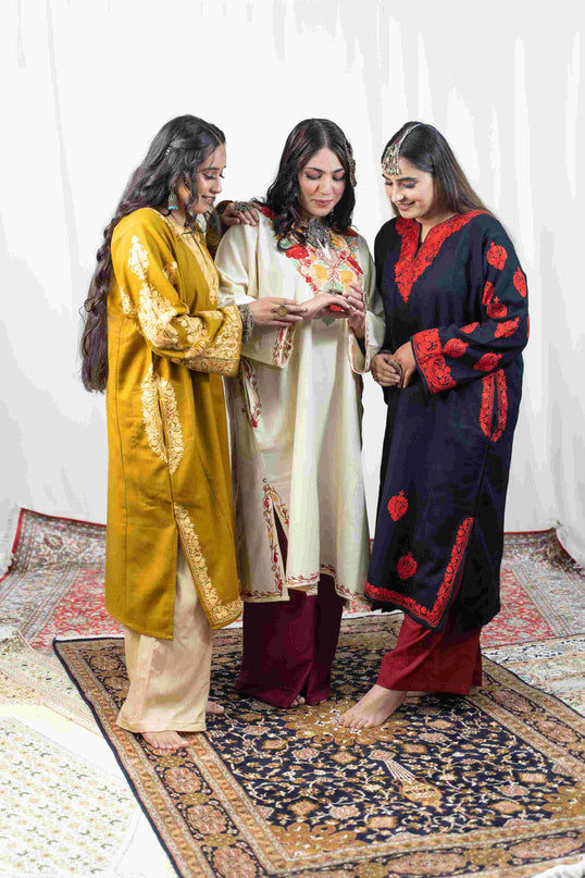 Kashmiri Aari Work Phiran - Mustard - Kashmir Jama