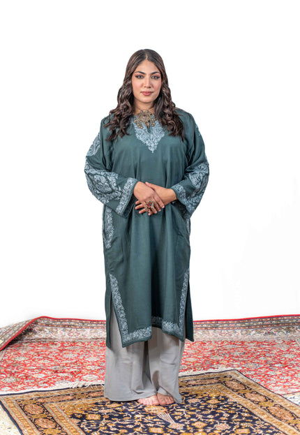 Kashmiri Aari Work Phiran - Tropical Teal - Kashmir Jama