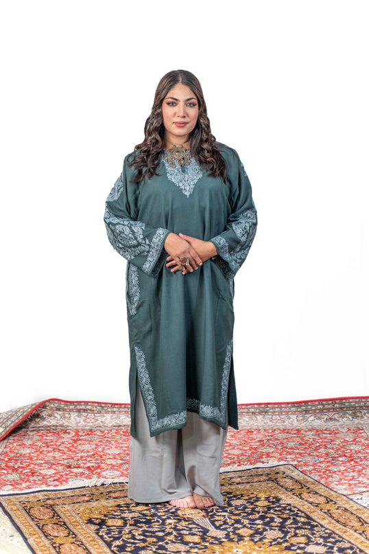 Kashmiri Aari Work Phiran - Tropical Teal - Kashmir Jama