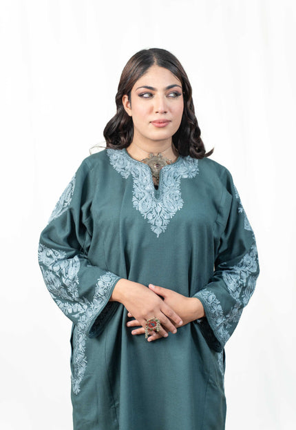 Kashmiri Aari Work Phiran - Tropical Teal - Kashmir Jama
