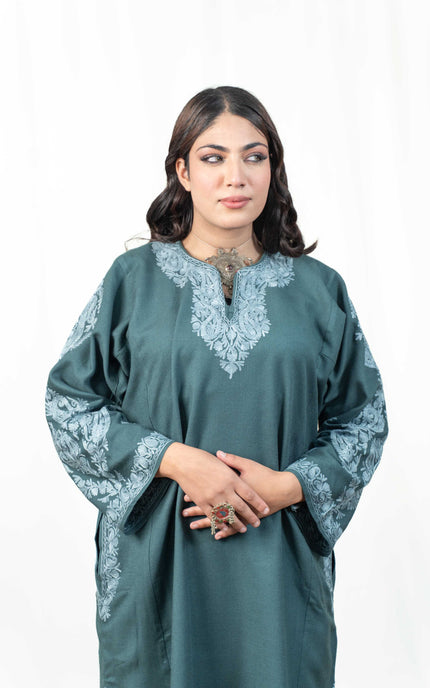 Kashmiri Aari Work Phiran - Tropical Teal - Kashmir Jama
