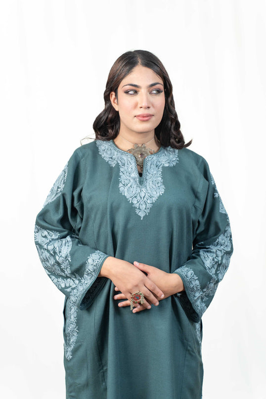 Kashmiri Aari Work Phiran - Tropical Teal - Kashmir Jama