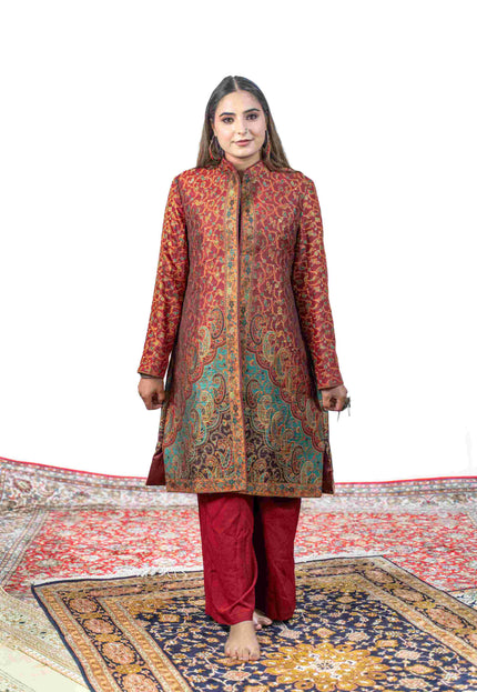 Kashmiri Kani With Zari Embroidery Jacket - Red Zari | Silk Long - Kashmir Jama