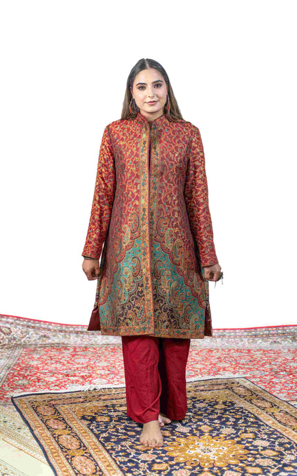 Kashmiri Kani With Zari Embroidery Jacket - Red Zari | Silk Long - Kashmir Jama