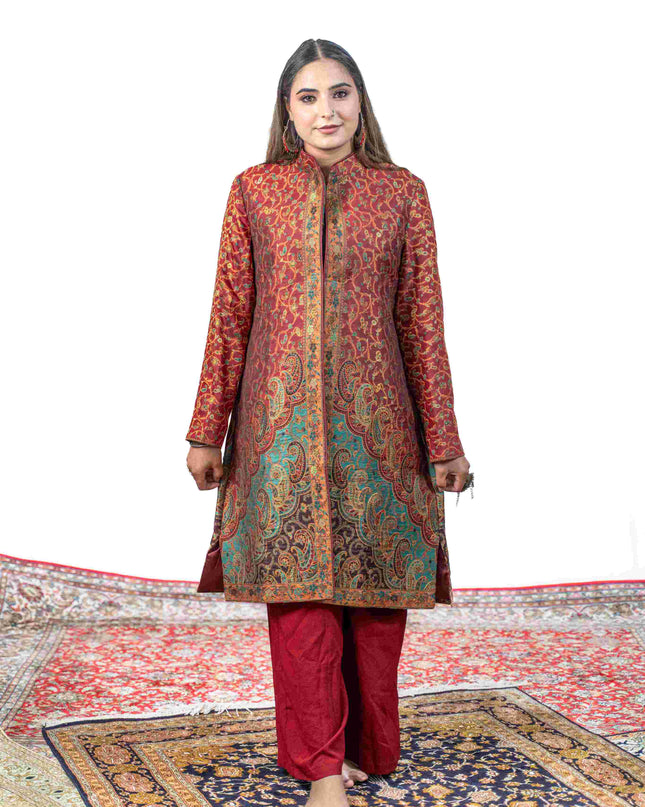 Kashmiri Kani With Zari Embroidery Jacket - Red Zari | Silk Long - Kashmir Jama