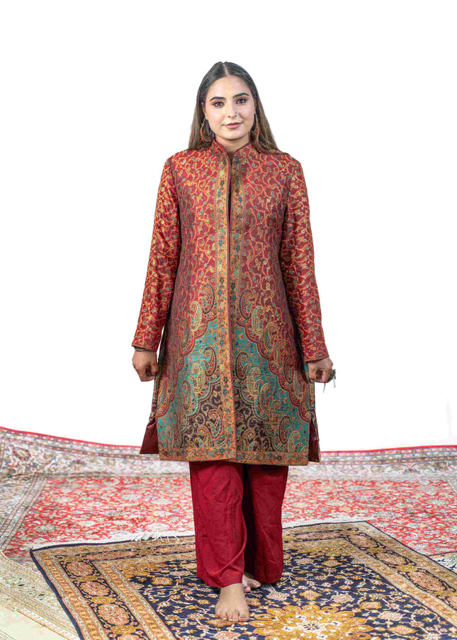 Kashmiri Kani With Zari Embroidery Jacket - Red Zari | Silk Long - Kashmir Jama