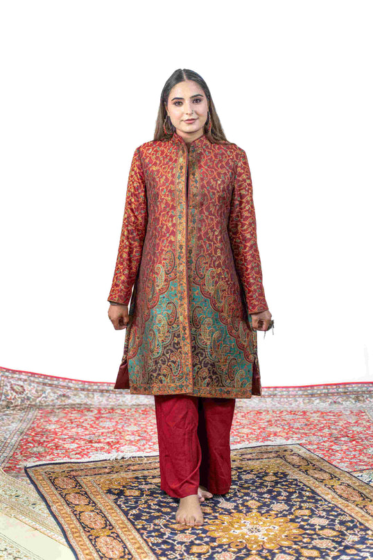 Kashmiri Kani With Zari Embroidery Jacket - Red Zari | Silk Long - Kashmir Jama