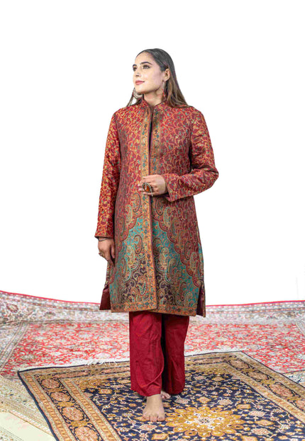 Kashmiri Kani With Zari Embroidery Jacket - Red Zari | Silk Long - Kashmir Jama