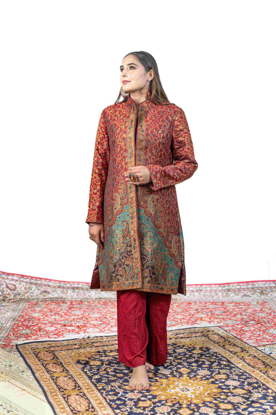 Kashmiri Kani With Zari Embroidery Jacket - Red Zari | Silk Long - Kashmir Jama