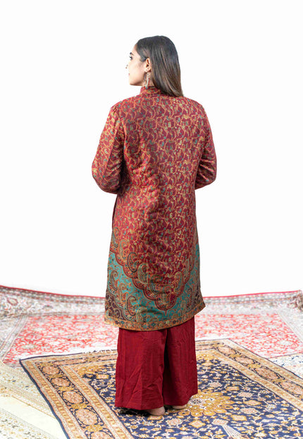 Kashmiri Kani With Zari Embroidery Jacket - Red Zari | Silk Long - Kashmir Jama