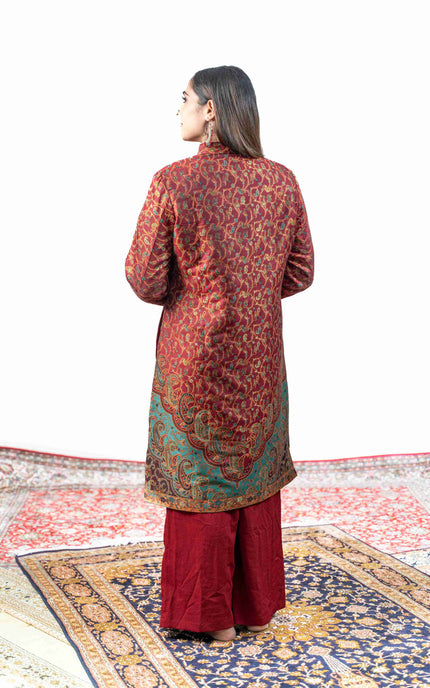 Kashmiri Kani With Zari Embroidery Jacket - Red Zari | Silk Long - Kashmir Jama