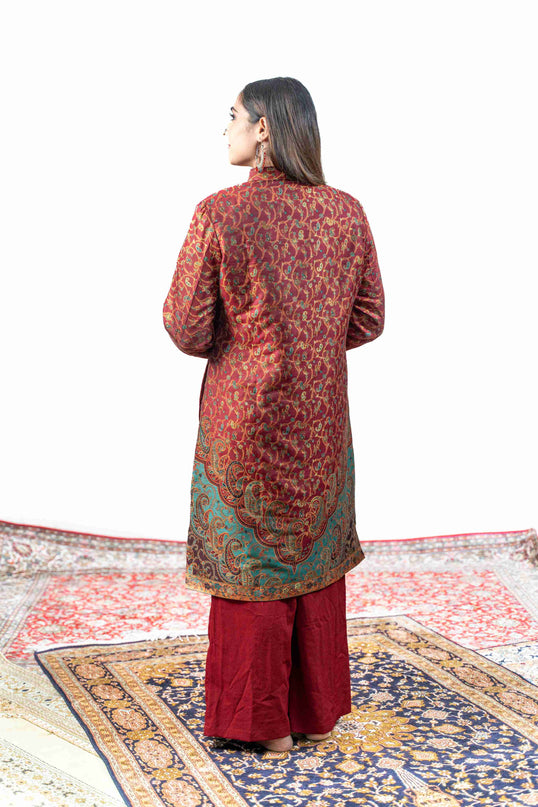 Kashmiri Kani With Zari Embroidery Jacket - Red Zari | Silk Long - Kashmir Jama