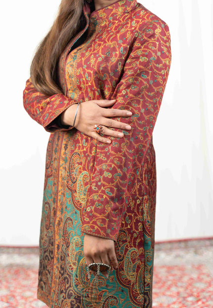 Kashmiri Kani With Zari Embroidery Jacket - Red Zari | Silk Long - Kashmir Jama