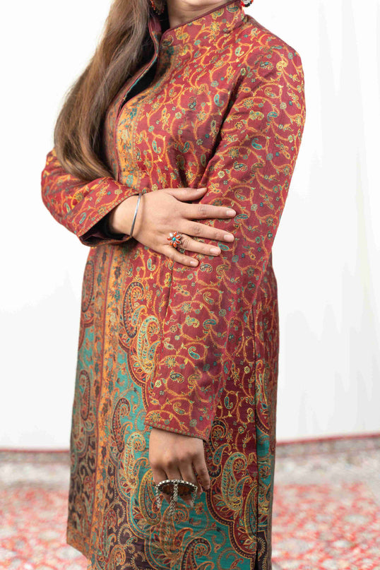 Kashmiri Kani With Zari Embroidery Jacket - Red Zari | Silk Long - Kashmir Jama
