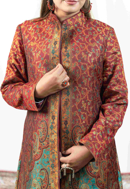 Kashmiri Kani With Zari Embroidery Jacket - Red Zari | Silk Long - Kashmir Jama