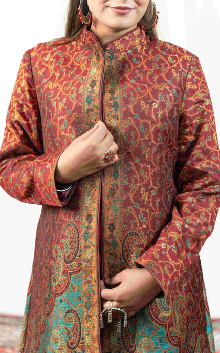 Kashmiri Kani With Zari Embroidery Jacket - Red Zari | Silk Long - Kashmir Jama