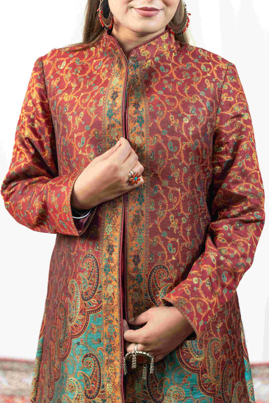 Kashmiri Kani With Zari Embroidery Jacket - Red Zari | Silk Long - Kashmir Jama
