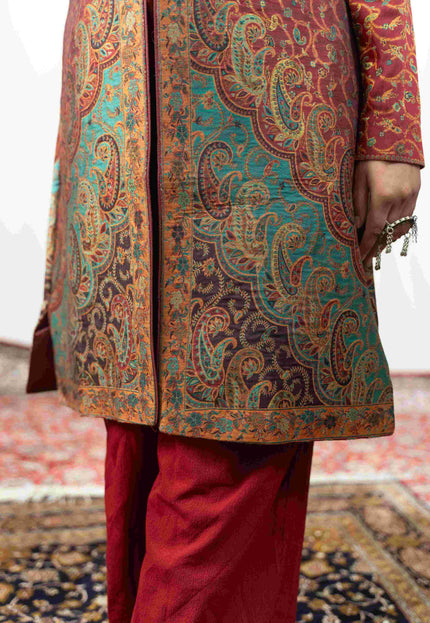 Kashmiri Kani With Zari Embroidery Jacket - Red Zari | Silk Long - Kashmir Jama