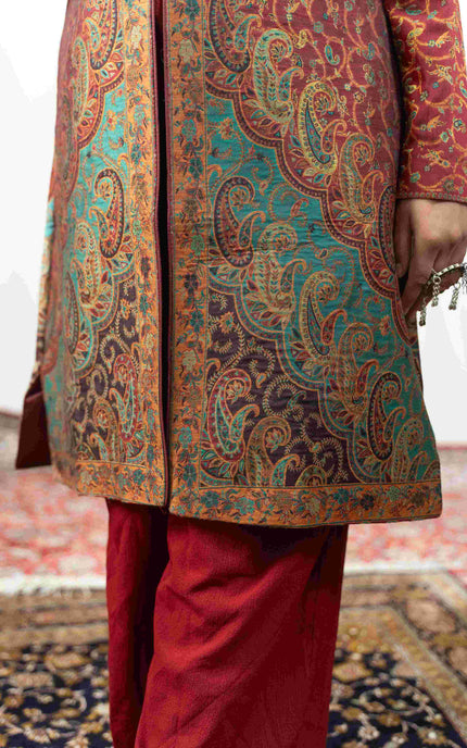 Kashmiri Kani With Zari Embroidery Jacket - Red Zari | Silk Long - Kashmir Jama