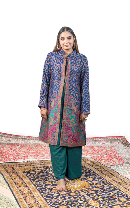 Kashmiri Kani With Zari Embroidery Jacket - Blue Zari | Silk Long - Kashmir Jama