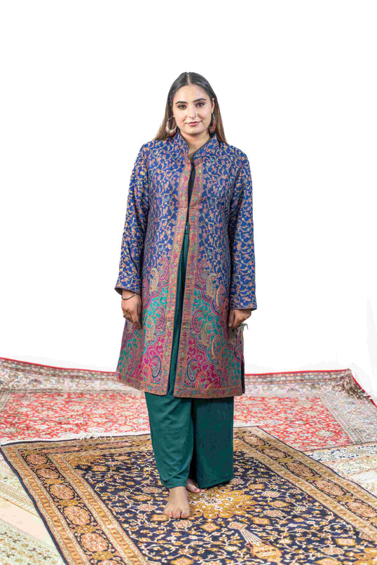 Kashmiri Kani With Zari Embroidery Jacket - Blue Zari | Silk Long - Kashmir Jama