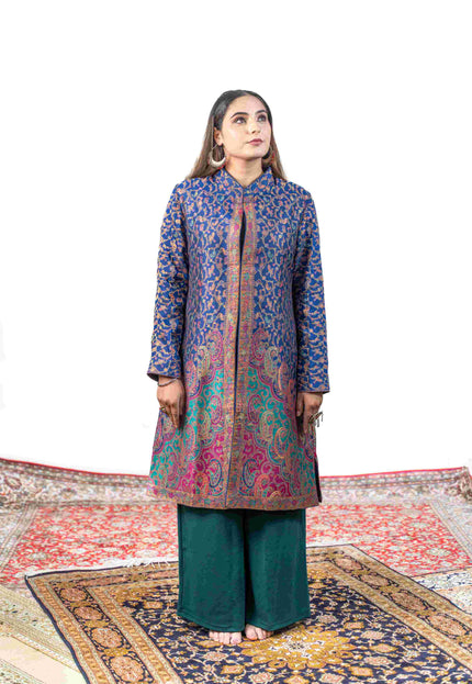 Kashmiri Kani With Zari Embroidery Jacket - Blue Zari | Silk Long - Kashmir Jama