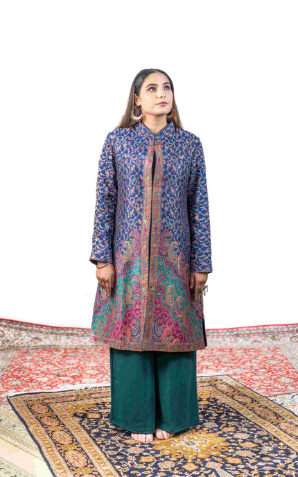 Kashmiri Kani With Zari Embroidery Jacket - Blue Zari | Silk Long - Kashmir Jama