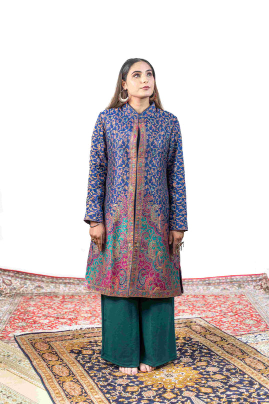 Kashmiri Kani With Zari Embroidery Jacket - Blue Zari | Silk Long - Kashmir Jama