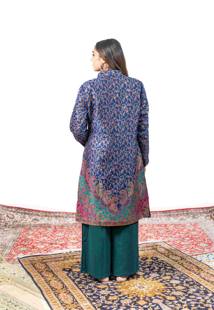 Kashmiri Kani With Zari Embroidery Jacket - Blue Zari | Silk Long - Kashmir Jama