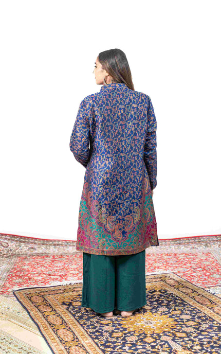 Kashmiri Kani With Zari Embroidery Jacket - Blue Zari | Silk Long - Kashmir Jama