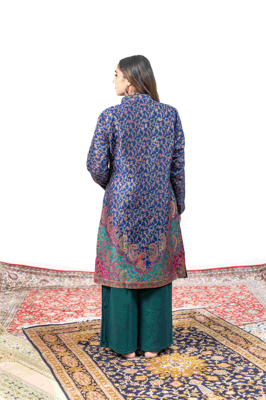 Kashmiri Kani With Zari Embroidery Jacket - Blue Zari | Silk Long - Kashmir Jama